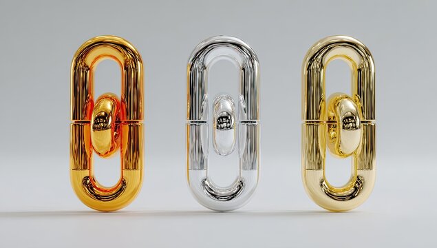 Three metallic links, gold, silver, and bronze,  gleaming, rendered in high-detail against a neutral background.  Each link is subtly different in tone and reflectivity