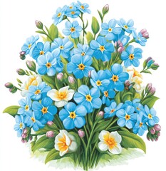 Bright bouquet of light blue forget-me-nots and cream-colored flowers