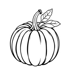 Single Line Art Pumpkin with Stem and Leaves: Black and White Vector Illustration
