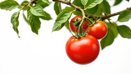 A close up view of ripe red tomatoes hanging from a tree branch against a white background.