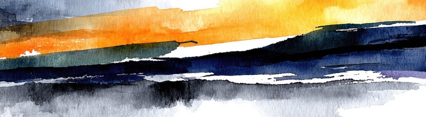 Abstract watercolor painting with horizontal bands of orange, gray, dark blue, and black