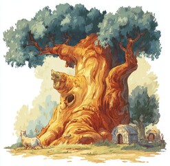 Ancient tree,  small huts,  landscape
