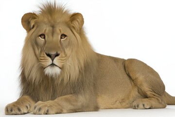 Obraz premium A lion lies on a white background, facing forward. Its mane is thick and textured, and its expression is alert