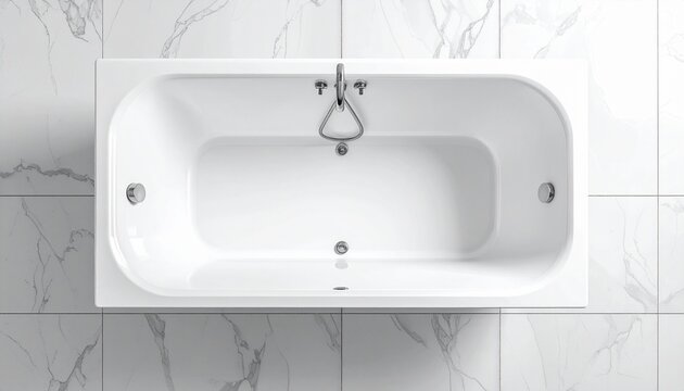 Empty white rectangular bathtub, modern design, against a marble tiled wall, top-down view.