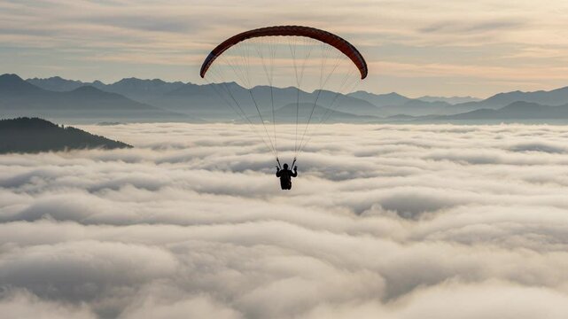 A paraglider flying above a sea of clouds with mountains in the distance