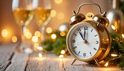 Festive golden clock striking midnight on table, New Year's celebration