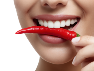Beautiful woman with teeth eating a red hot chili pepper isolated on a white background