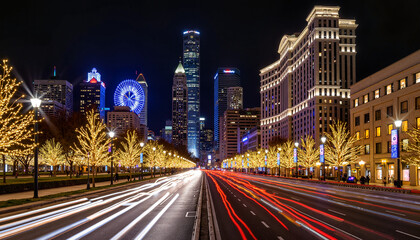 Fototapeta premium Festive night cityscape with twinkling lights and illuminated trees, celebration