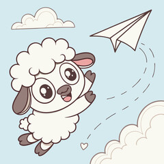 Cute cartoon sheep character joyfully jumping and reaching for a paper airplane flying through a bright blue sky with fluffy clouds