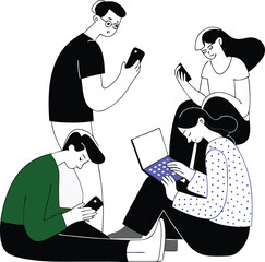 Diverse people using technology and devices modern vector illustration scalable graphic