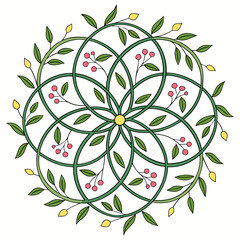 Intricate celtic knot design with green vines leaves pink berries and yellow buds forming a circular mandala pattern on a white background