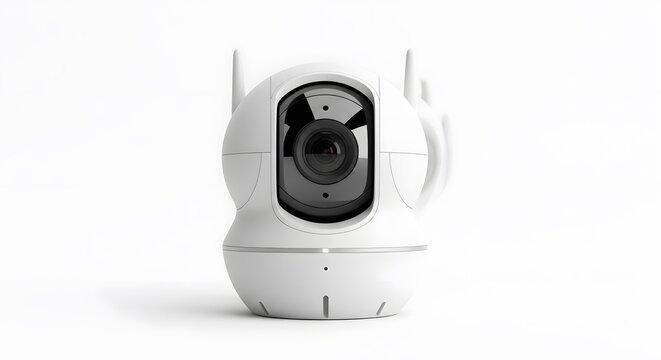 Modern White Security Camera with Pan Tilt Zoom and Wi-Fi Connectivity.