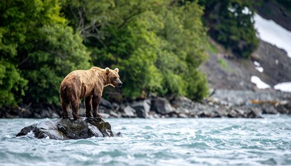 Brown bear on rock by a lake