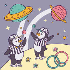 Two adorable cartoon penguins dressed as referees standing on a planet surface with ufos planets and stars floating in space