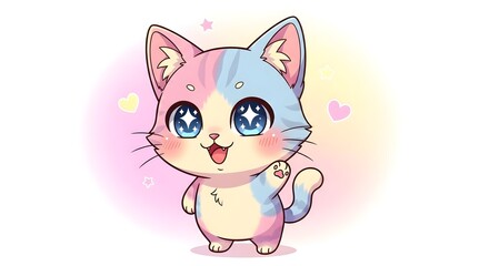 Fototapeta premium Adorable Pastel Cat Illustration Kawaii Kitty with Sparkling Eyes