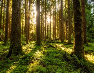Fototapeta premium Sunlight filtering through a lush forest (1)