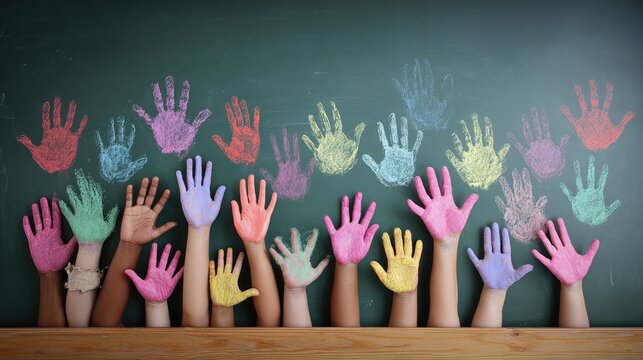 Colorful Handprints on Chalkboard Displaying Creativity and Joy in Children’s Art Activities