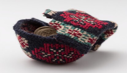 A small, intricately embroidered, cloth pouch, cradling a coin