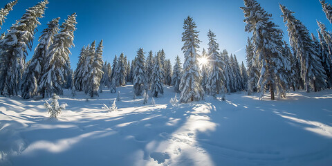 Snowy Evergreen Forest in Winter Sunlight