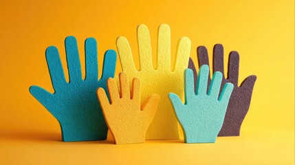 Colorful Foam Hands in Various Sizes on a Bright Yellow Background for Creative Design and Educational Projects