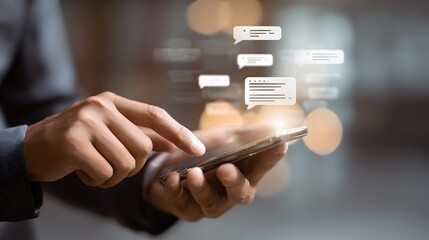 Men hand typing on mobile smartphone, Live Chat Chatting on application Communication Digital Web and social network Concept.
