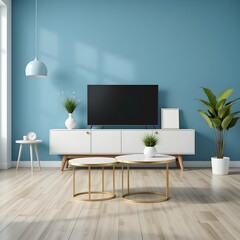 Minimalist style design with tv and plants in living room interior with blue wall