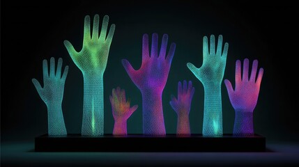 Colorful Glowing Hands in Diverse Positions Against a Dark Background Creating a Vibrant Modern Art Display