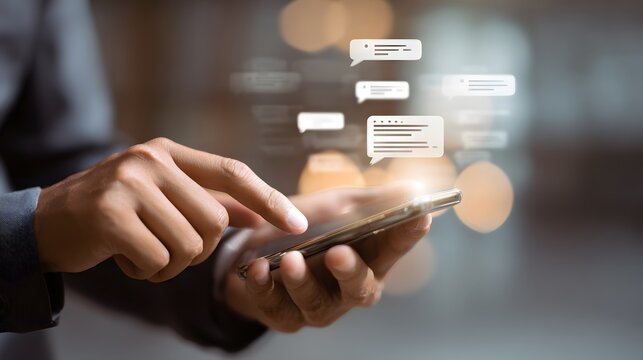 Men hand typing on mobile smartphone, Live Chat Chatting on application Communication Digital Web and social network Concept.
