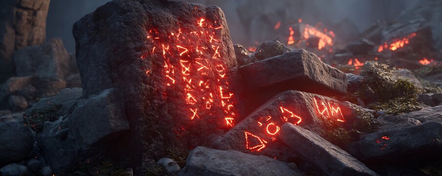 Stone slabs glowing with red artificial intelligence glyphs arranged in sacred ruins
