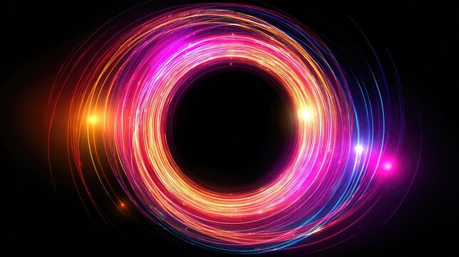 Vibrant Circular Light Trails in Abstract Cosmic Design with Colorful Swirls and Stars
