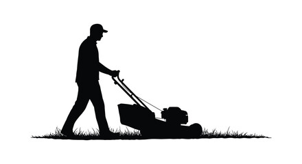 Silhouette of a man mowing the lawn on a grassy field