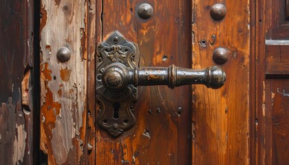 Obraz premium A close-up view of an antique, dark-metal door handle on a weathered, wooden door.