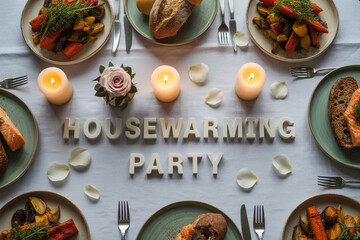 Elegant housewarming party table setting with delicious salmon, roasted vegetables, candles, and rose petals creating a warm, inviting atmosphere for celebration