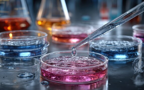 A pipette dispenses liquid into a petri dish containing a pink solution, surrounded by other dishes with various colored liquids and lab glassware