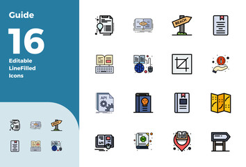 Guide Digital Vector Pack containing 16 PIXEL Perfect Colorful Line Filled 128x128 Icons