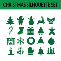 Christmas Silhouette Vector Set Holiday Icons Green on White Background