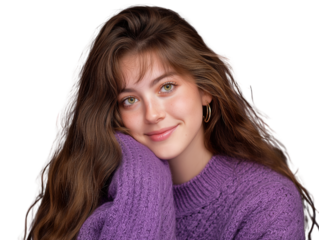 Young woman with long brown hair wearing purple knit sweater and hoop earring smiling softly with relaxed expression, cozy portrait with natural light and warm mood