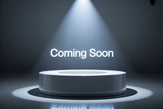 Exciting new product launch announcement with a spotlighted stage and glowing 'Coming Soon' message, building anticipation for your next big reveal.