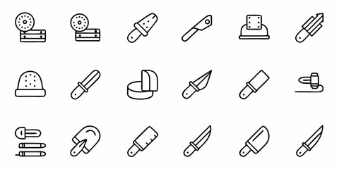 Illustration of various kitchen utensils and tools including knives and other cooking equipment items shown