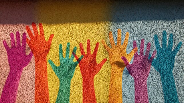 Colorful Hand Silhouettes Against Vibrant Wall Background Creating an Inspiring Artistic Display of Unity and Diversity