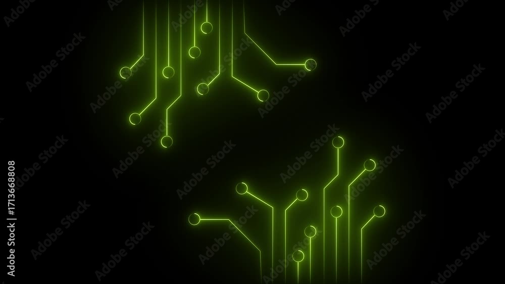 Poster abstract neon green circuit board lines and circles pulsating on a dark background representing tech