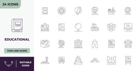 Educational Vector Icon Toolkit featuring 24 PIXEL Perfect 128x128 Thin Outline elements