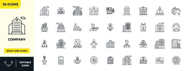 36 Vector Icons for Company featuring 128x128 PIXEL Perfect Bold Line Graphics