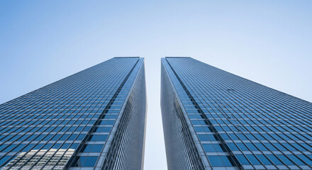 Obraz premium Minimalist modern skyscraper with reflective glass facade under bright daylight and wide clear copy space background for creative use