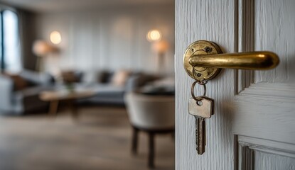A brass doorknob with keys in a slightly ajar white door reveals a blurred luxurious living room