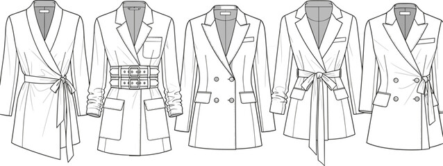 Cad drawing flat vector illustration of women’s belted blazer jackets, fashion technical sketch, multiple styles, detailed front design layout