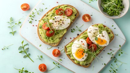 Clean flat lay of avocado toast with poached eggs, microgreens, and cherry tomatoes on bright pastel surface, modern top-down food photography, wide empty margins for text