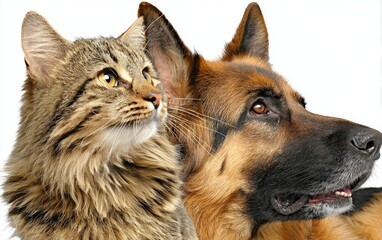 Close-up of a tabby cat and a German Shepherd, side-by-side, looking off into space