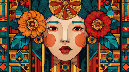 Ornate stained glass portrait of woman with floral headdress, geometric pattern, warm teal and orange palette, decorative art nouveau style, contemplative expression, symmetrical composition