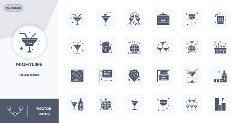 24 PIXEL Perfect Vector Icons themed around Nightlife in 128x128 Glyph Filled format